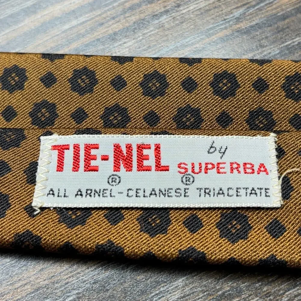 Vintage Tie-Nel Superba Neck Tie Brown/Black Geometric Floral Skinny Triacetate